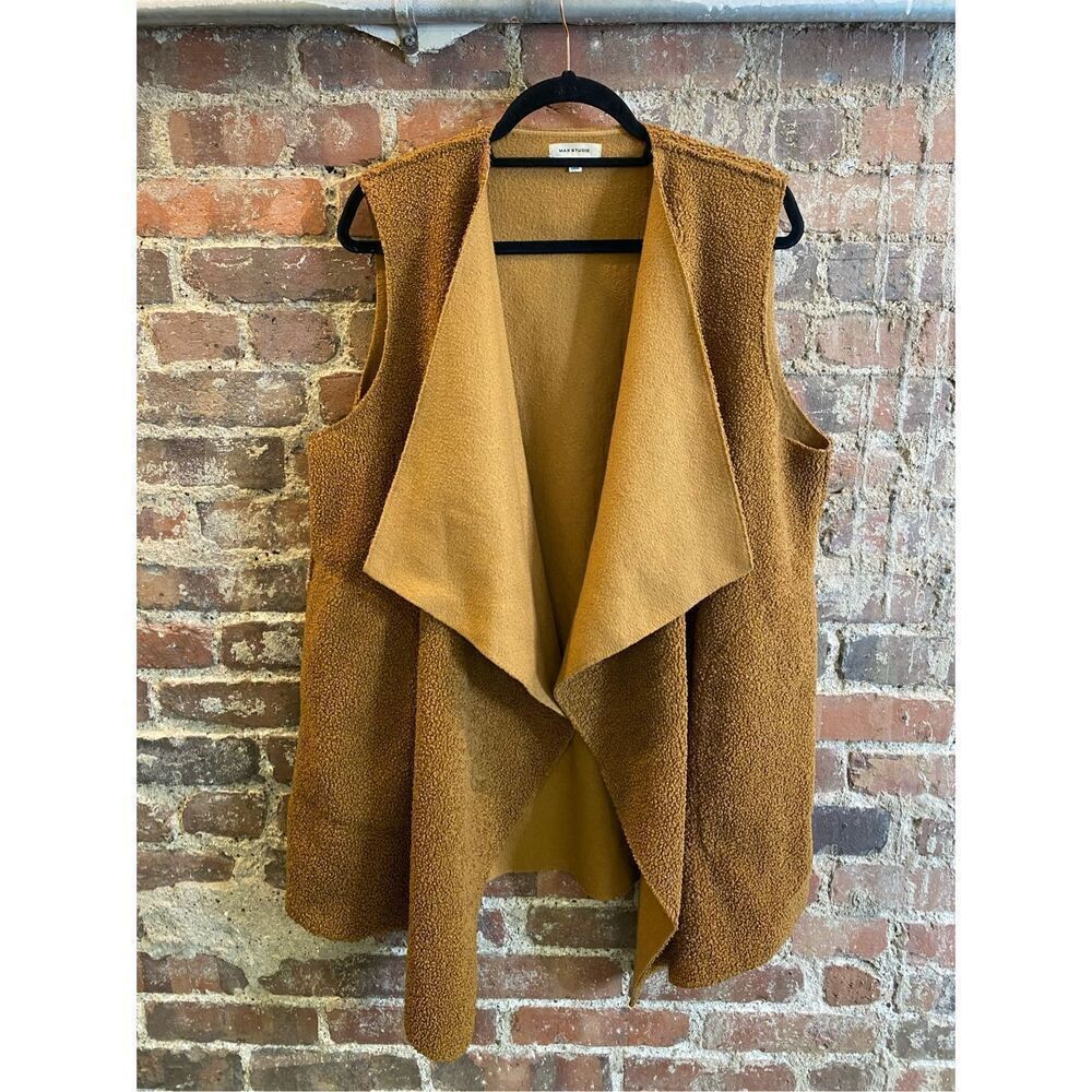 Max Studio Camel Brown Teddy Sherpa Shawl Wrap Vest Women’s SZ L